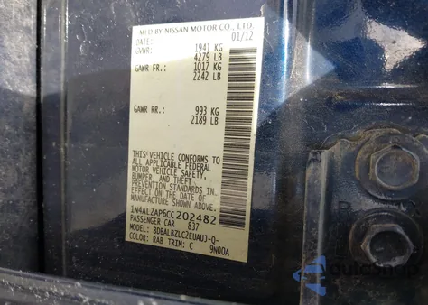 2012 Nissan Altima Base из США, поврежденный, VIN 1N4AL2AP6CC202482